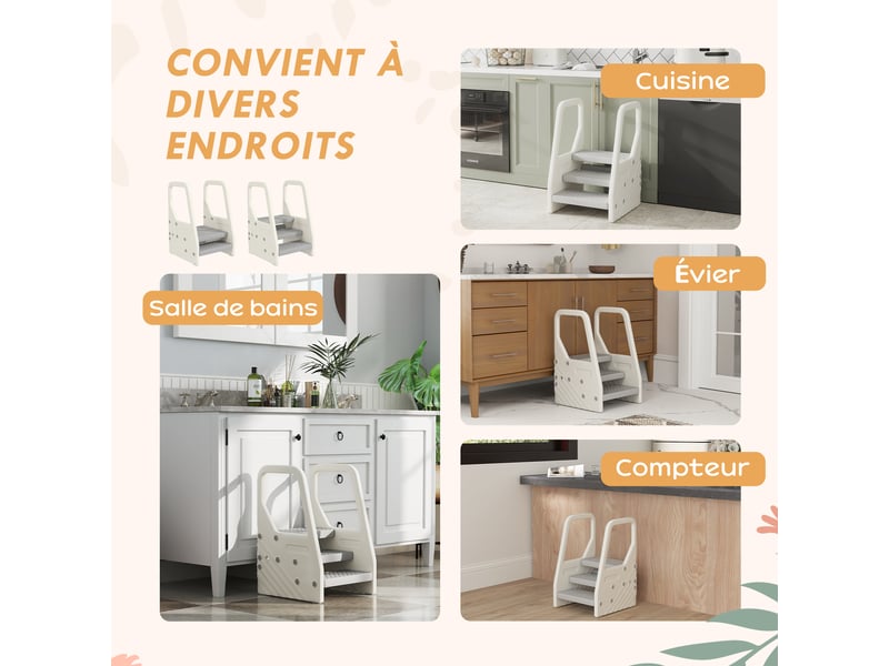 Marchepied enfant escabeau 3 marches pour enfants hauteurs réglables de 3 à 2 marches gris 43 x 42 x 65,5 cm  - Conforama W