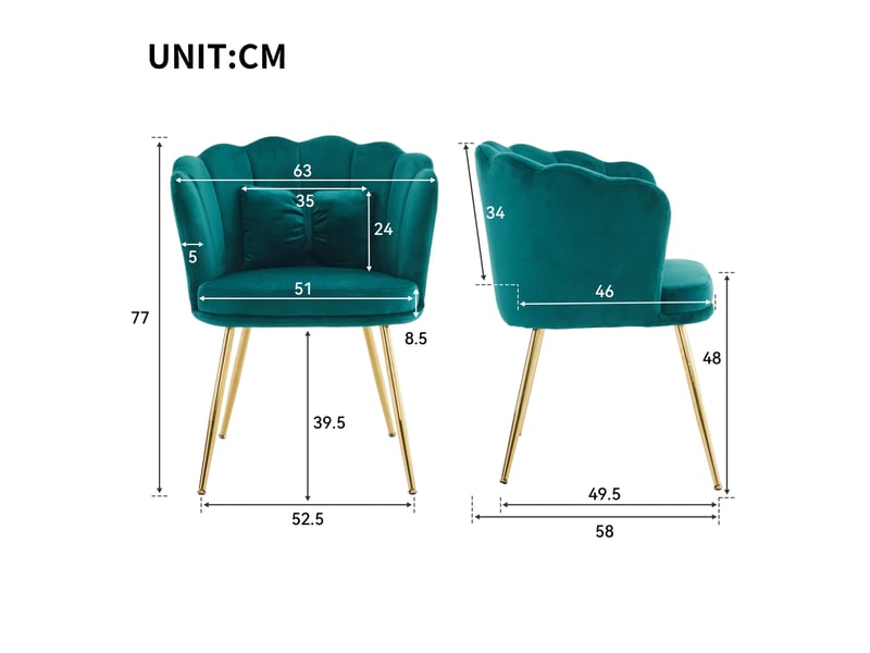  Fauteuil 58x63x77 cm, confortable, coussins papillon et dossier à pétales, pieds métalliques dorés, en tissu velours vert  - Conforama C
