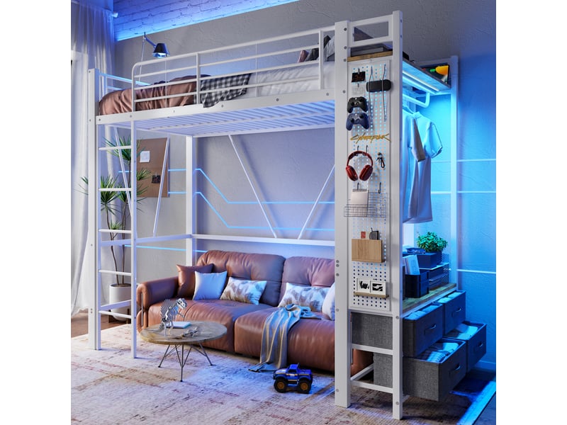  Lit mezzanine 90x200cm coloris blanc led métal lit enfant blanc - Conforama D