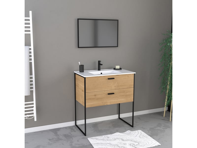  Ensemble meuble de salle de bain 80x45cm style industriel couleur chene naturel - vasque blanche  - Conforama B