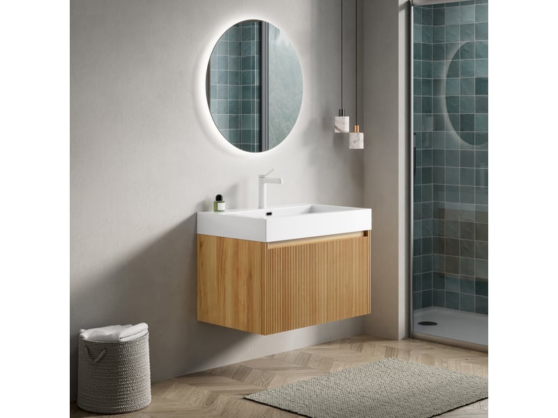  Meuble rangement salle de bain tiroir 70 cm vasque integree bois naturel blanc homvra  - Conforama B
