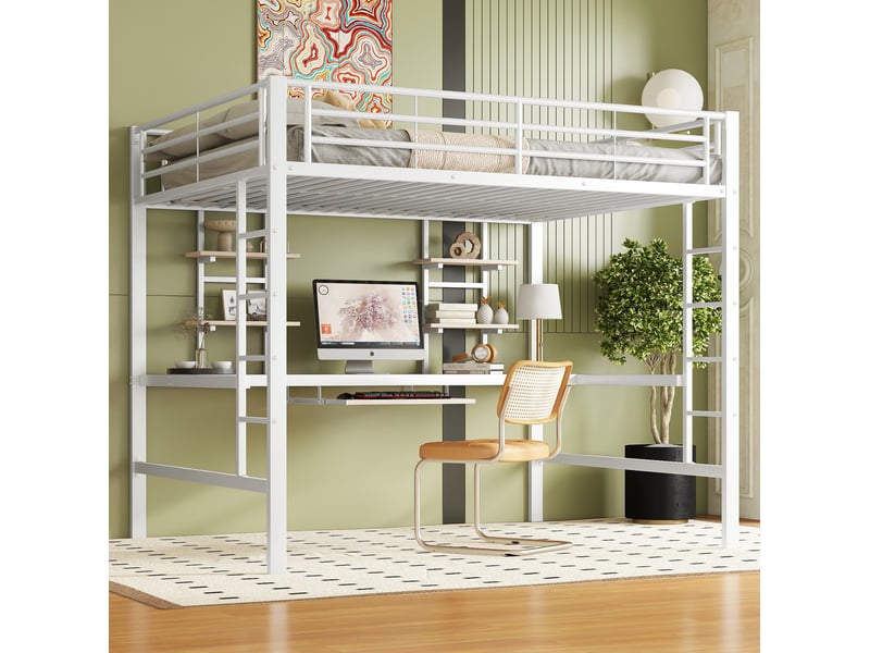 Lit mezzanine 140x200 cm avec bureau et 2 étagères coloris blanc - Conforama E