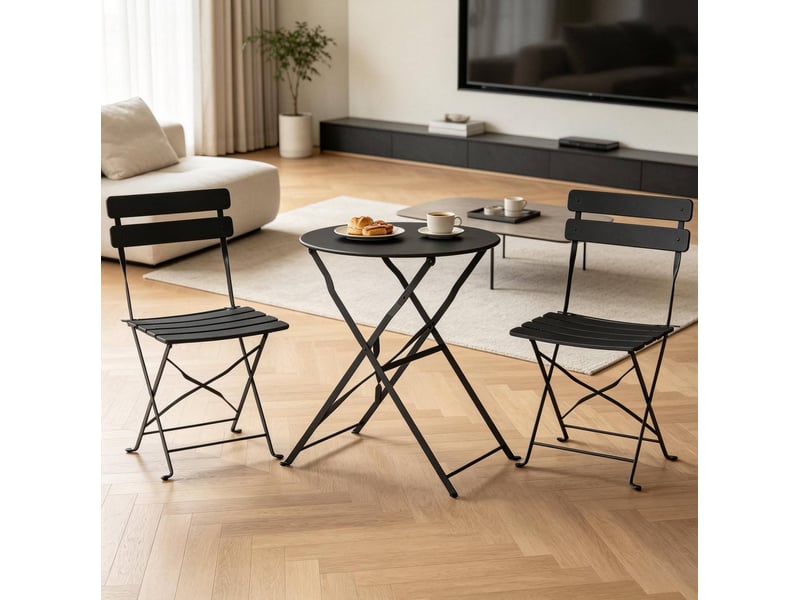 Ensemble table et chaises de jardin avec 1 table et 2 chaises pliantes, en métal noir pour balcon et terrasse - Conforama C