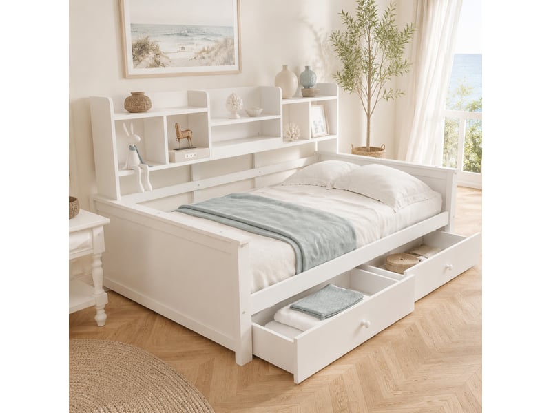  Lit banquette 90 × 200 cm 1 place avec 2 tiroirs, étagères et rangement latéral, sans matelas, en bois, blanc  - Conforama C