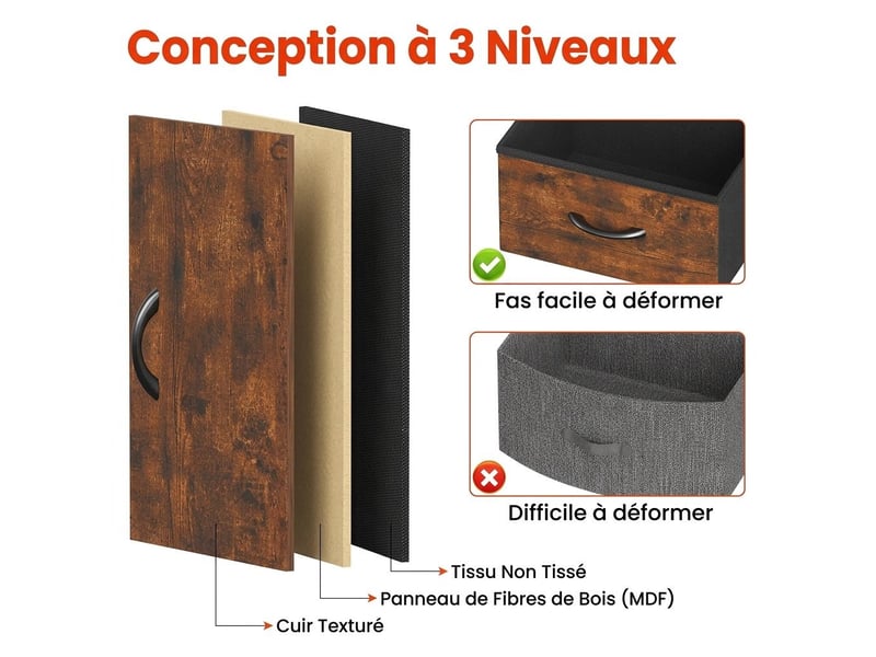  Table de chevet 40x30x55 cm deux tiroirs tissu marron rustique et metal noir  - Conforama C