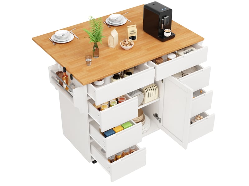  Îlot central cuisine blanc sur roulettes avec plateau rabattable et 8 tiroirs meuble de rangement  - Conforama A