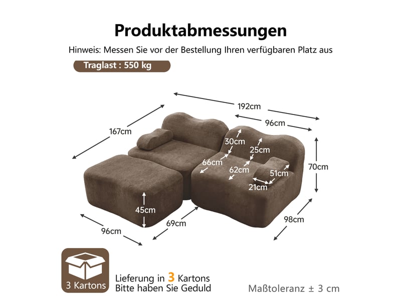  Canapé modulable 2 places en velours marron, canapé d'angle sans dossier avec ottoman et rangement intégré pour salon moderne  - Conforama C