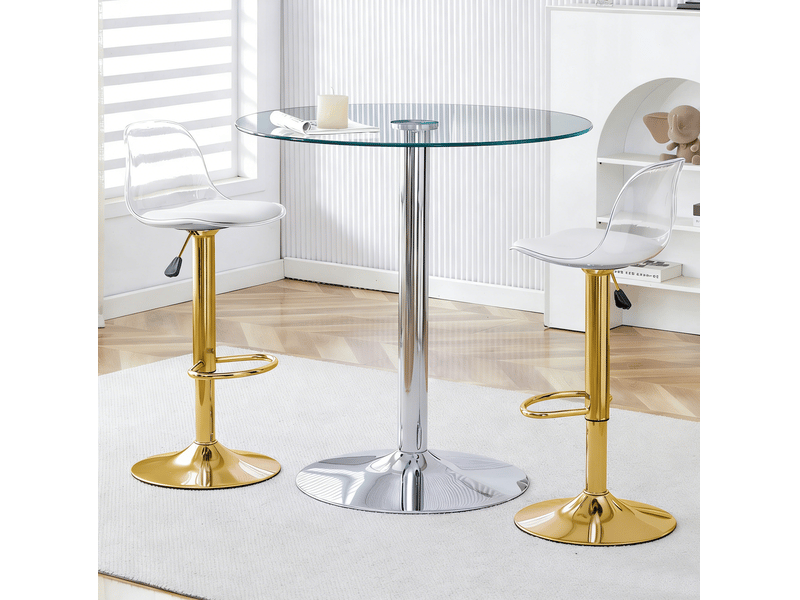  Ensemble bar 89 cm en verre avec 2 tabourets réglables pivotants, transparent  - Conforama B