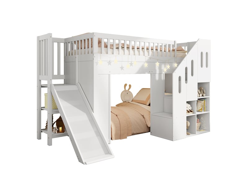  Lit mezzanine enfant, 90x200 cm, avec toboggan, escalier aménagé, led, matelas non inclus, pin et mdf, coloris blanc  - Conforama A