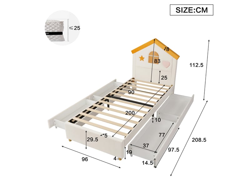  Lit 90x200 cm - lit enfant 90x200 - lit simple rembourré velours avec tête de lit maisonnette et 4 tiroirs - beige  - Conforama E