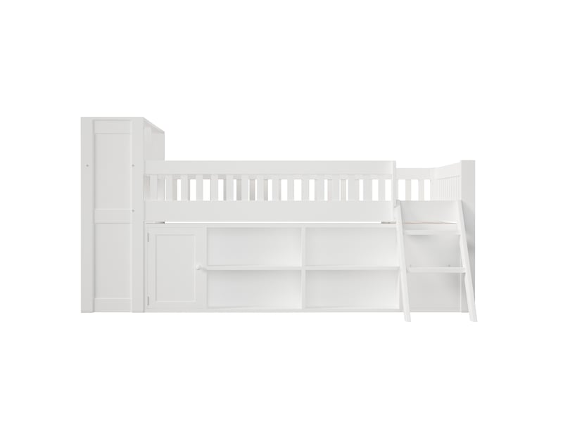  Lit combiné 120x200 cm en bois, lit simple avec étagères, placard fermé, échelle et éclairage led, blanc  - Conforama E
