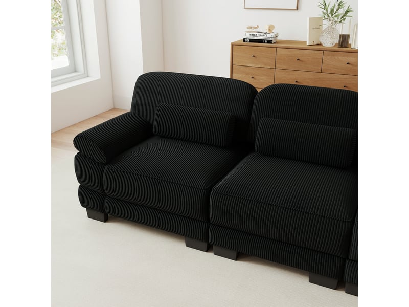 Canapé d’angle modulable 2 places noir en velours côtelé, avec pouf assorti, assise profonde et coussin lombaire pour salon - Conforama E