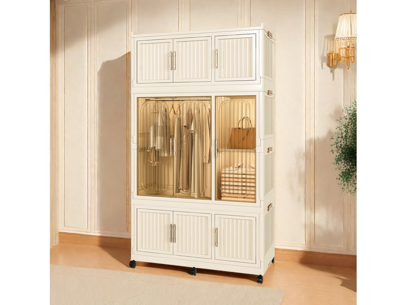  Armoire modulable pliable 92x45x158 cm avec 9 portes magnétiques couleur blanc crème, polypropylène, confort optimal  - Conforama B