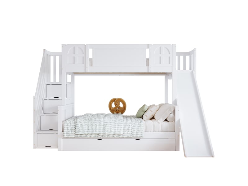  Lit superposé enfant 90 x 200 cm avec 2 fenêtres, toboggan, tiroirs à roulettes, escalier à main courante et 4 casiers, pinmdf, blanc  - Conforama A