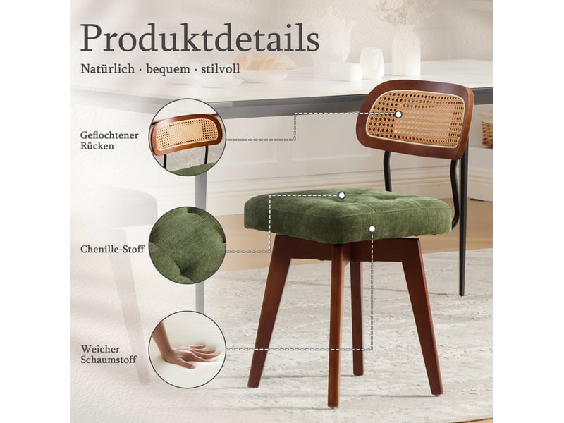  Lot de 2 chaises pivotantes 360° style vintage, 43x50x77 cm dossier rotin tressé, assise chenille vert  - Conforama E