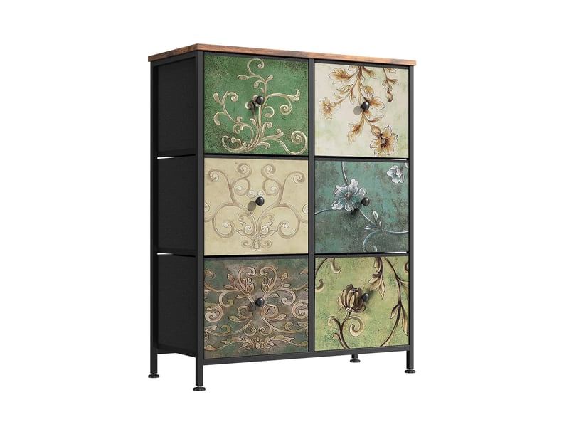  Commode 6 tiroirs, commode de rangement, tissu floral,structure en métal,pour salon, chambre, style bohème,67,5 x 30 x 86,5 cm  - Conforama A