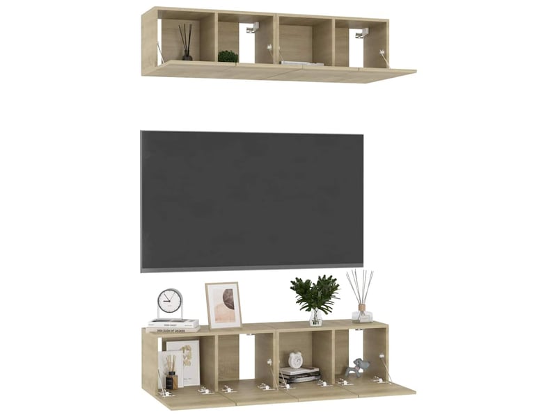  Lot de 4 meuble tv bas salon chêne sonoma 60x30x30 cm bois d'ingénierie  - Conforama C