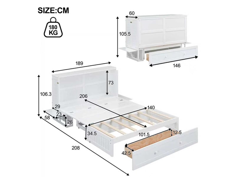  Lit escamotable 140x200cm coloris blanc pin lit adulte blanc - Conforama C
