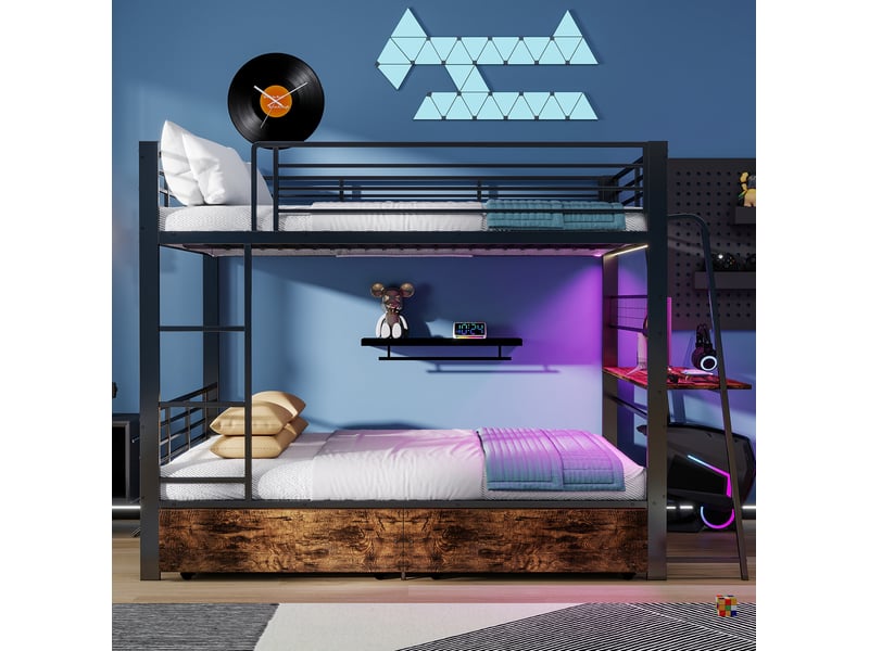  Lit mezzanine 140 × 200 cm 2 places avec bureau, 2 tiroirs, led réglable, prises usb et type-c, sans matelas, noir  - Conforama C