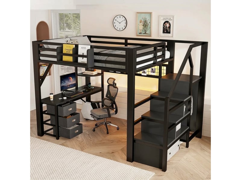  Lit mezzanine 140x200 avec bureau, armoire, 3 tiroirs et éclairage led, métal noir  - Conforama D