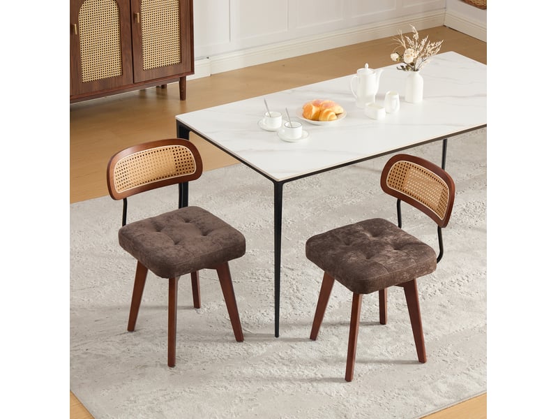  Lot de 2 chaises de salle à manger pivotantes 360° en tissu marron, dossier en paille, style vintage  - Conforama B