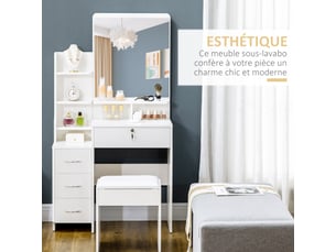 Ensemble de coiffeuse avec tabouret rembourré grand miroir + 4 tiroirs blanc + plusieurs étagères ouvertes