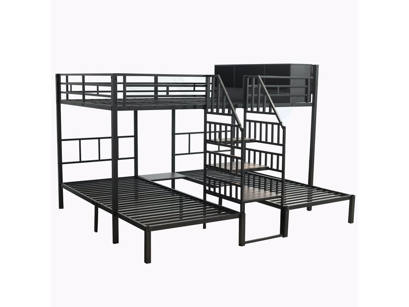  Lit superposé 3 places 90x200 &amp; 140x200 cm, lit triple d'angle gain de place avec escalier de rangement et barrière de sécurité, noir  - Conforama D
