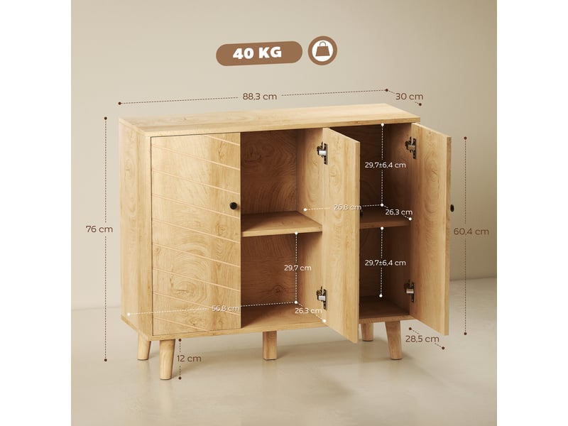  Buffet cuisine, meuble de rangement avec 3 portes à motif chevron et pieds en bois de pin, 88,3x30x76cm, bois naturel  - Conforama E