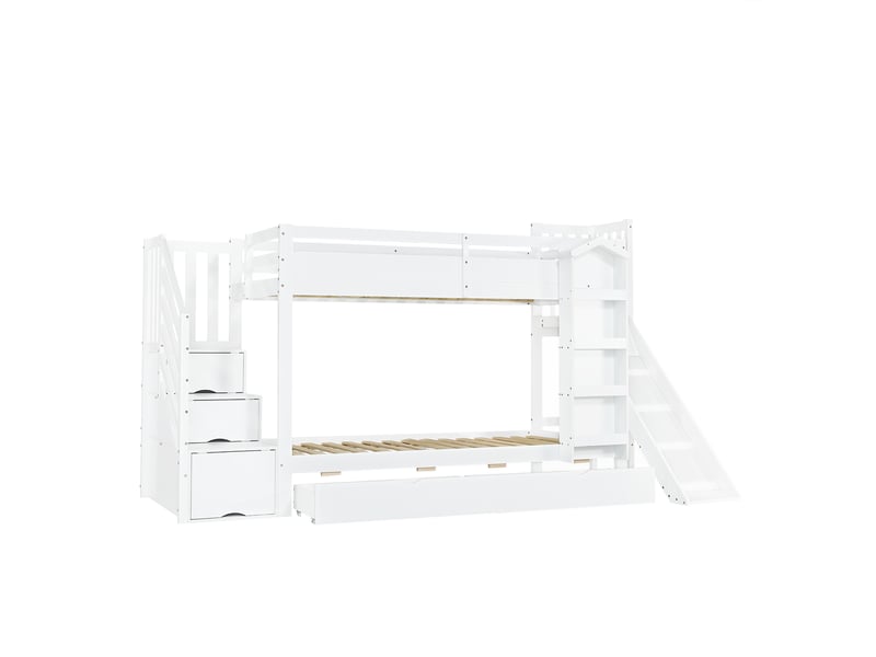  Lit superposé pour enfant avec étagère à livres illustrés, deux tiroirs à roulettes et toboggan, armoire de rangement sous l'escalier, pin, mdf et contreplaqué, blanc, 90 x 200 cm  - Conforama E