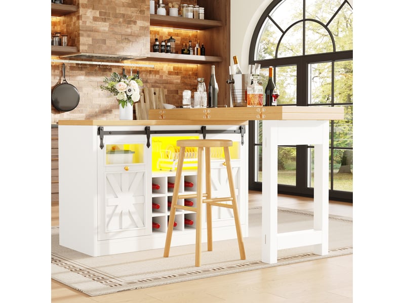  Buffet de cuisine avec table extensible pivotante à 360° et éclairage led, 2 portes, pour salle à manger, blanc mdf  - Conforama D