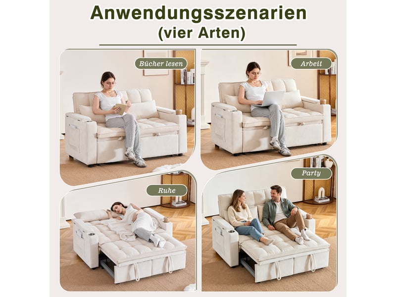 Canapé convertible 2 places 3 en 1 142x89x89 cm avec effet nuage, rangements accoudoirs, porte-gobelets, 2 coussins lombaires, chenille beige - Conforama E