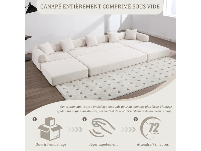  Canapé d'angle 4 places moderne 270x180x64 cm, modulable à volonté, poches, rangement, velours côtelé beige  - Conforama R