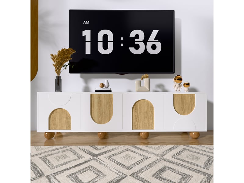  Meuble tv 4 portes, structure basse, design vintage veinage bois, naturel et blanc, 175 x 38 x 50 cm  - Conforama B