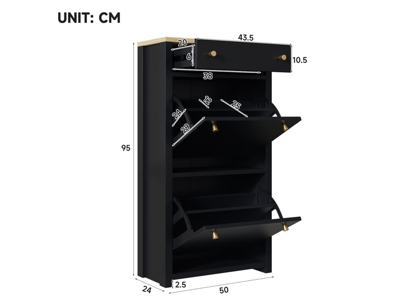  Meuble à chaussures 50x25x95 cm gain de place avec 2 abattants, tiroir, mdf noir et aspect bois  - Conforama C
