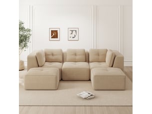 Canapé d'angle u modulable 3 places en velours côtelé beige, assise profonde et confort enveloppant au salon