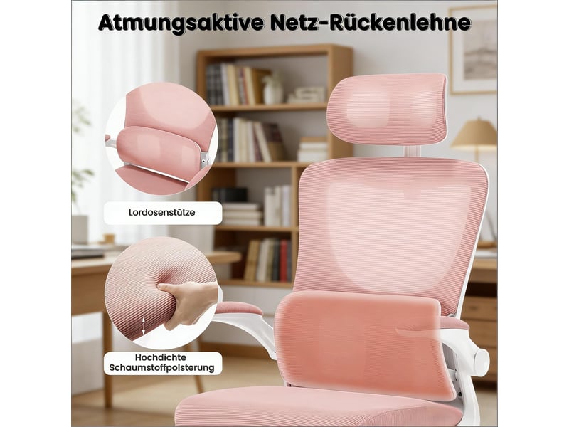 Fauteuil de bureau ergonomique rose avec accoudoirs rabattables, support lombaire et maille respirante, 150 kg - Conforama D