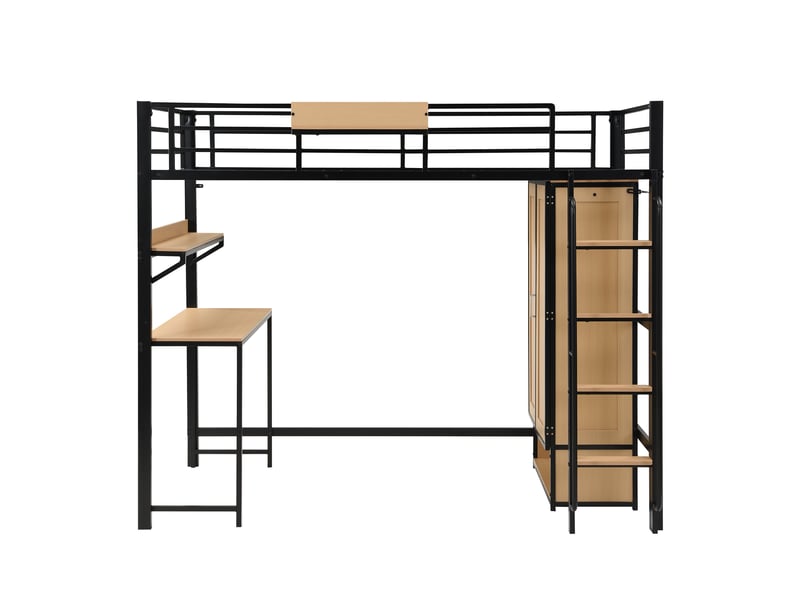  Lit mezzanine 90x200, lit combiné gain de place avec armoire 2 portes et bureau, escalier de sécurité avec rampe métal et bois mdf, noir et naturel  - Conforama D