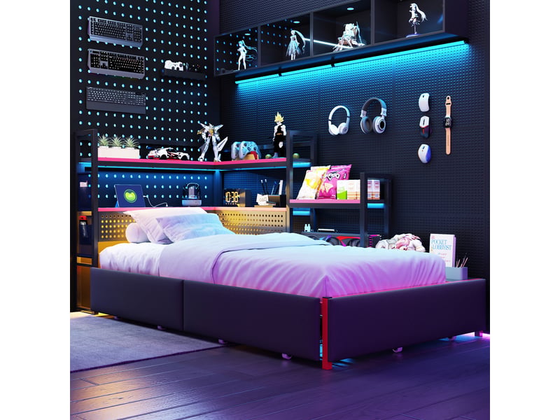  Lit avec rangement 90x200 cm coloris noir led métal  - Conforama E