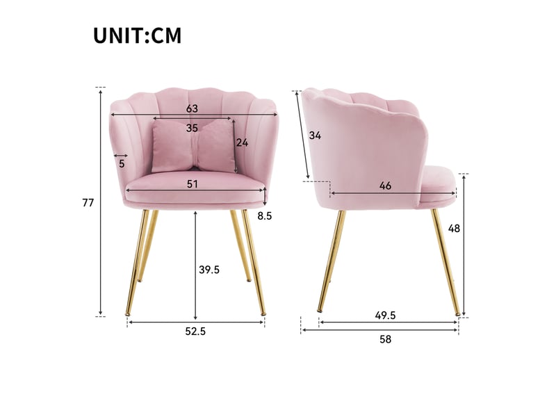  Lot de 4 chaises en velours rose avec dossier pétale, pieds en métal doré et coussins  - Conforama E