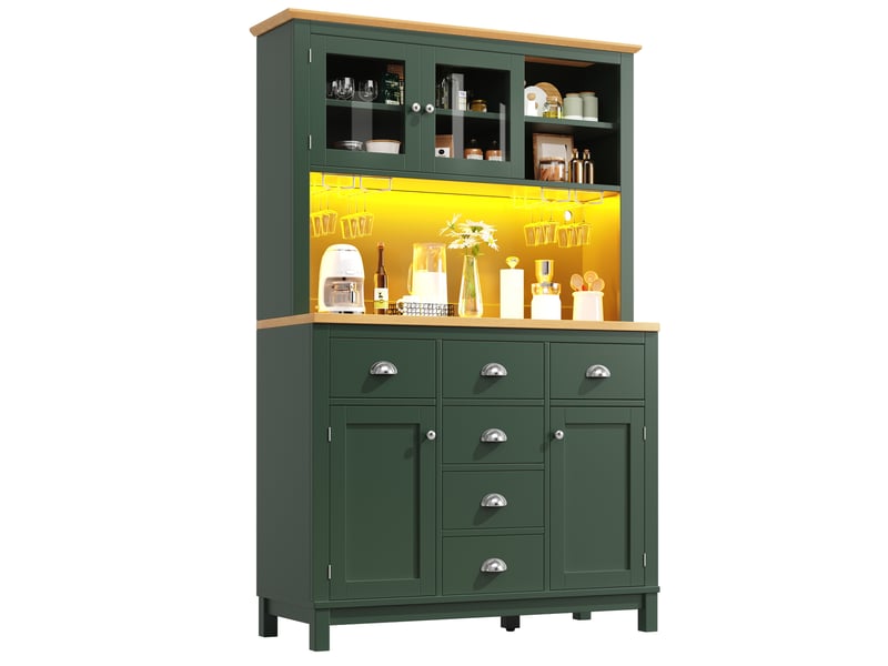  Buffet 104x40x180 cm vert mdf, 4 portes, led intégrée et porte-gobelets pour cuisine ou salle à manger  - Conforama A