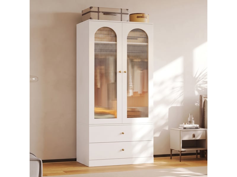  Armoire de chambre - 2 portes vitrées à battantes - 2 tiroirs et 1 tringle - 90 x 50 x 200 cm - blanc  - Conforama D