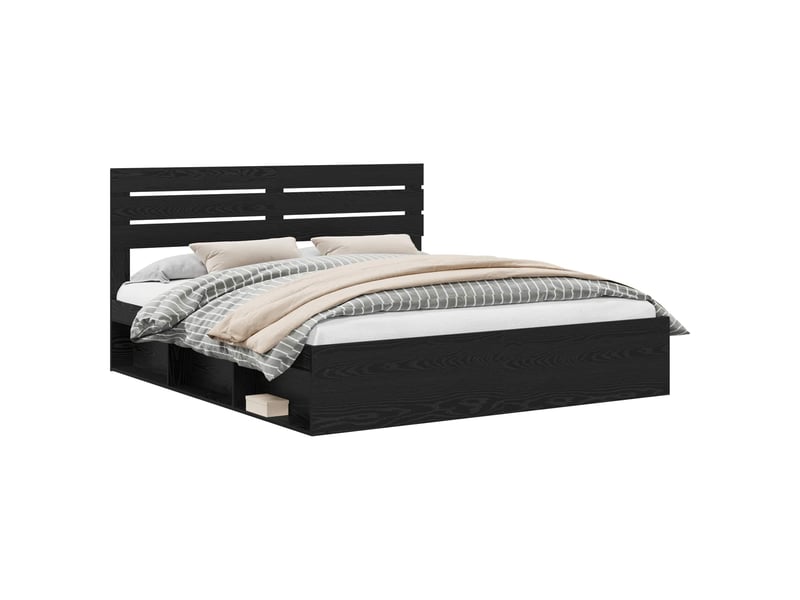 Lit double- lit adulte - cadre de lit avec tête de lit noir 200 x 200 cm pin massif - Conforama A