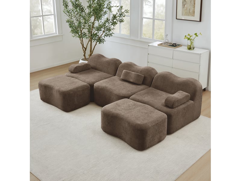  Canapé modulable 3 places en u avec 2 ottomans, velours marron  - Conforama D