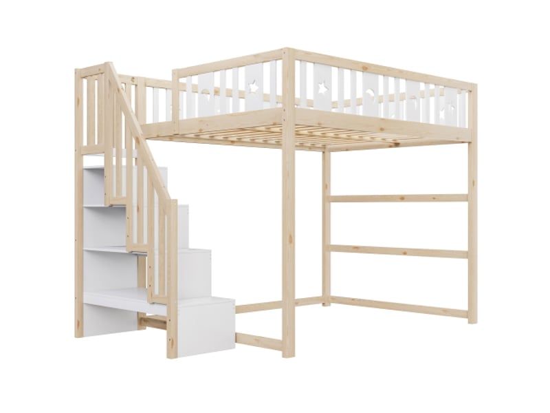  Lit mezzanine enfant 140x200 en bois massif avec escalier et garde-corps de sécurité – décor étoiles et lune  - Conforama D