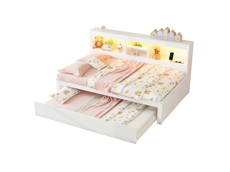  Lit banquette 90x200 avec lit gigogne blanc - éclairage led, prise usb et rangement latéral  - Conforama A
