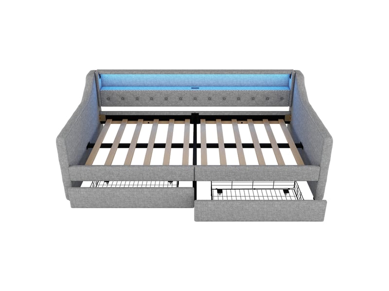  Lit enfant 90x200 cm avec éclairage led télécommandé, 2 tiroirs et prise usb, lin et mdf, gris, sans matelas  - Conforama D