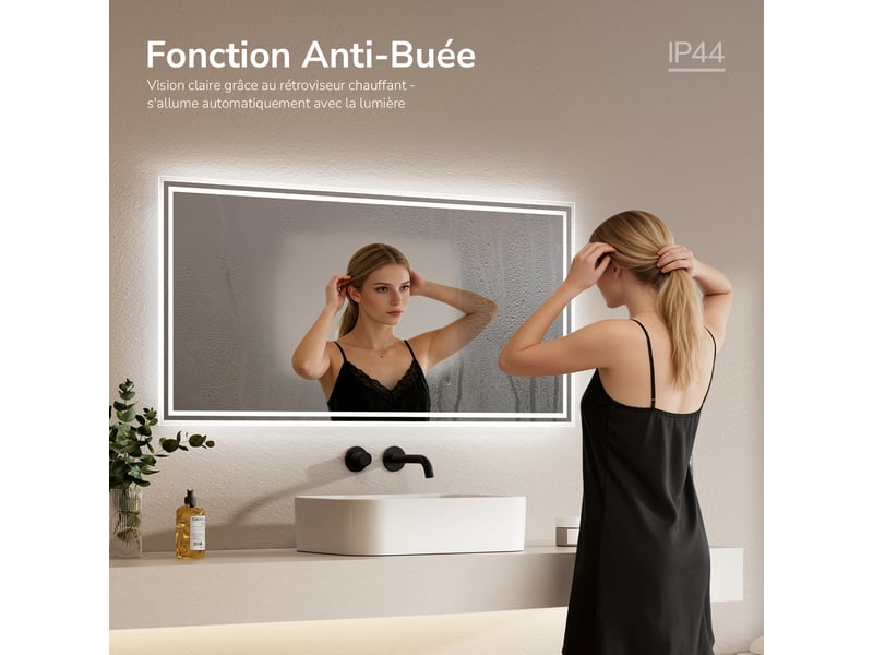  Emke miroir lumineux salle de bain 120x60cm, avec interrupteur à bouton, anti-buée, led éclairage lumière blanche froidechaude  - Conforama C