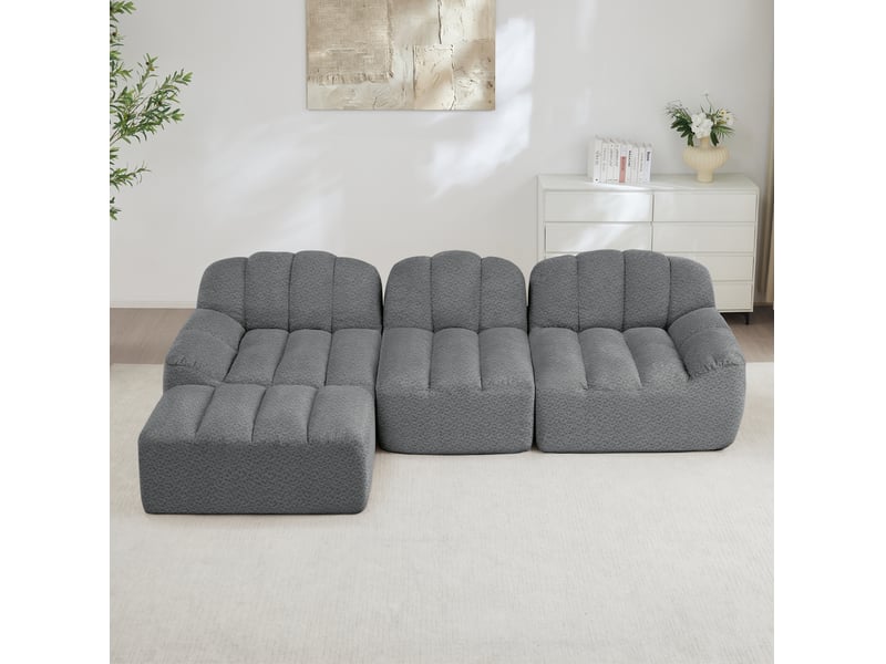  Canapé modulable 3 places en l avec pouf, tissu bouclette gris  - Conforama C