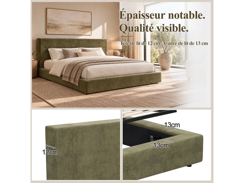  Lit coffre hydraulique 160x200 cm, lit double rembourré avec sommier à lattes relevable, grand rangement, tête de lit 12 cm, en chenille vert olive  - Conforama E