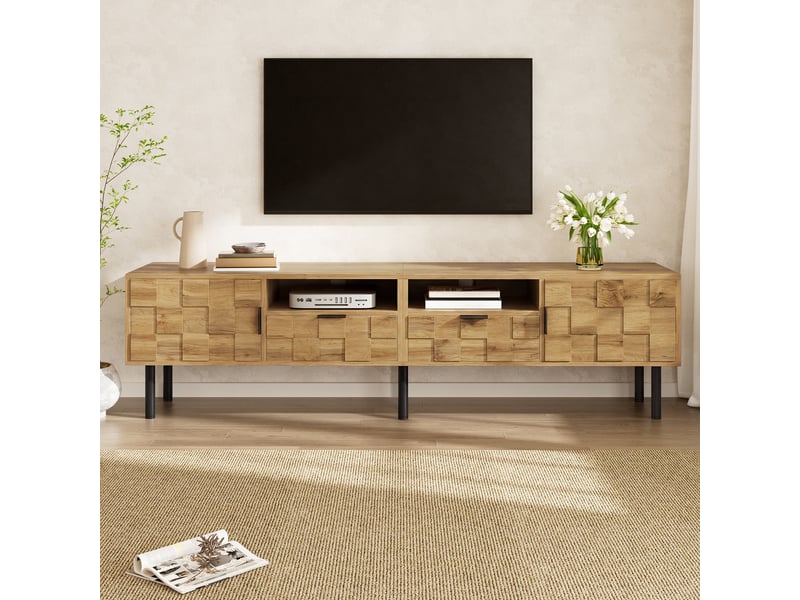  Meuble tv 160x35x42,5 cm, 2 portes, 2 tiroirs, passe-câbles, façades texturées, pieds métal, grand rangement pour salon - naturel  - Conforama B